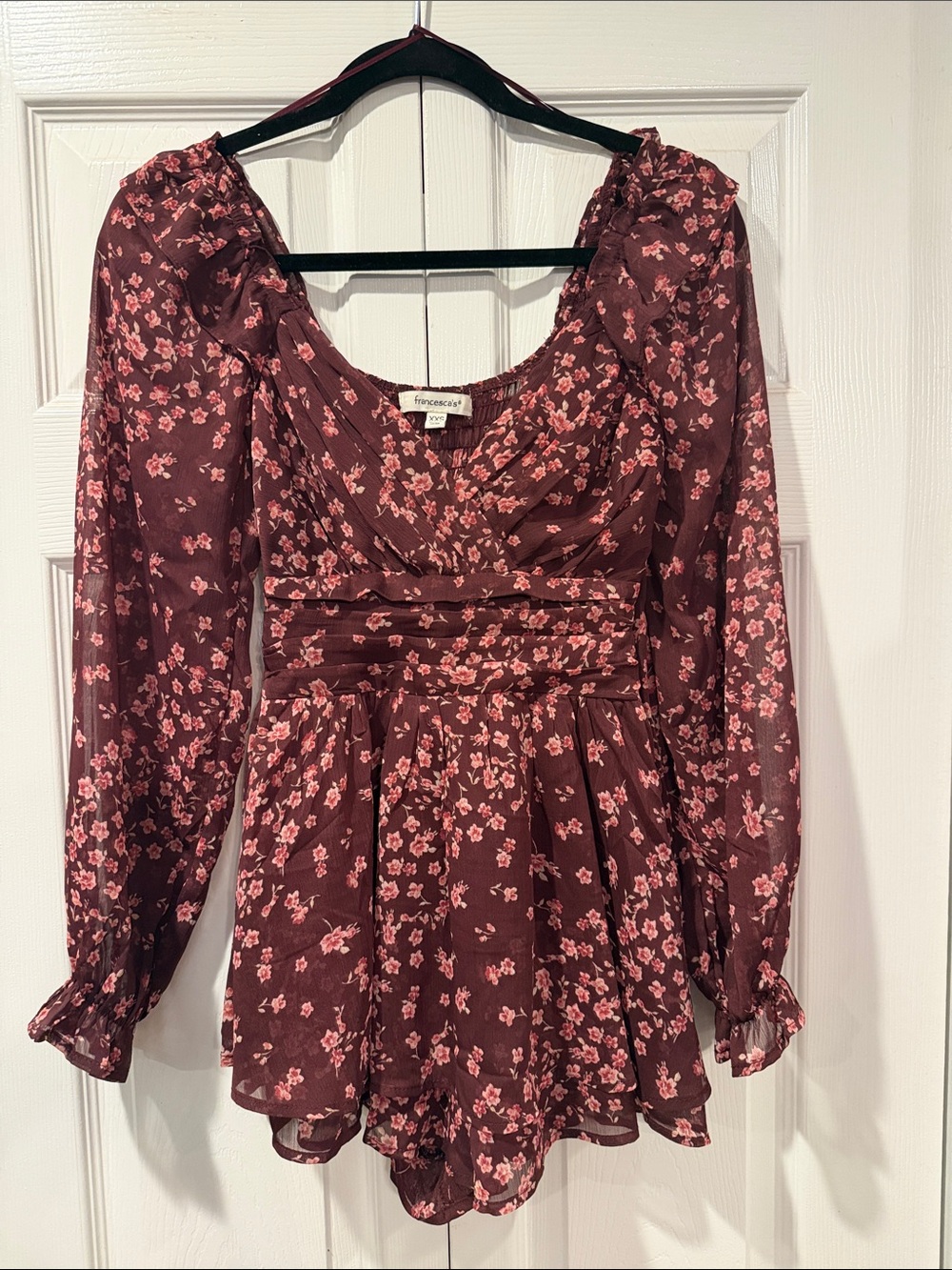 Francesca's Collections Burgundy with Pink Floral Peplum XXS romper